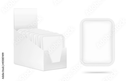 Show box with sachet packaging mockups for food, cosmetic and hygiene. Vector illustration on white background. Ready for your design. EPS10.	