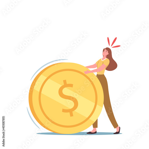 Business Woman Character Rolling Huge Heavy Golden Coin. Mortgage, Tax Payment, Bank Credit Loan or Debt Concept