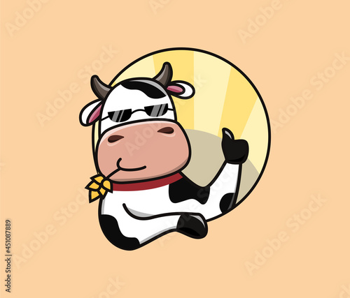 Logo with a cow showing class on the background of the field in sunglasses. Vector image.