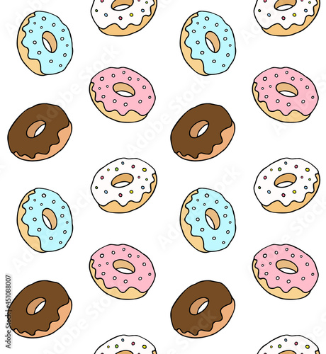 Vector seamless pattern of hand drawn doodle sketch colored donut isolated on white background