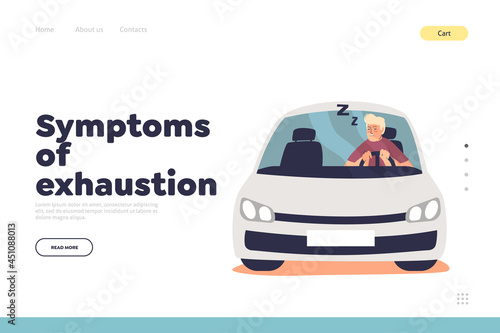 Symptoms of exhaustion concept of landing page with sleepy tired man driving car feel drowsy