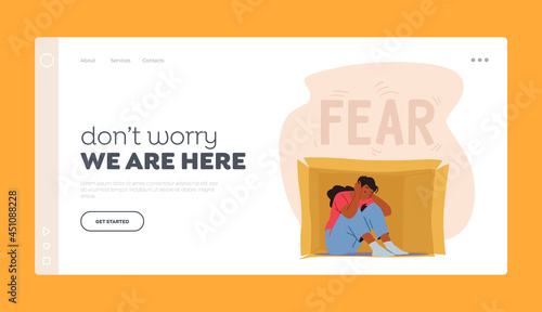 Social Anxiety, Fear Landing Page Template. Lonely Introvert Sitting inside of Box Covering Ears. Mental Health Problems