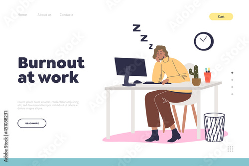 Burnout at work concept of landing page with tired woman work at computer sleep at office desk