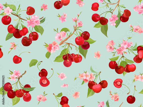 Seamless cherry pattern with summer berries, fruits, leaves, flowers background