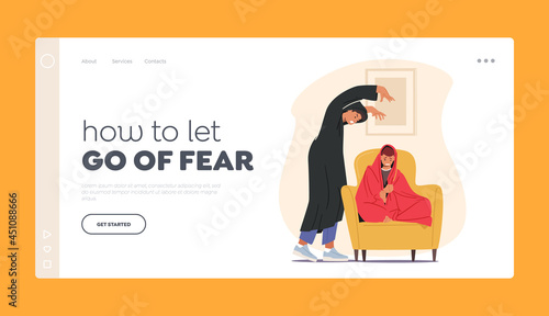 Fear Landing Page Template. Male Character Telling Scary Stories to Frightened Boy Sitting on Bed Hiding under Blanket