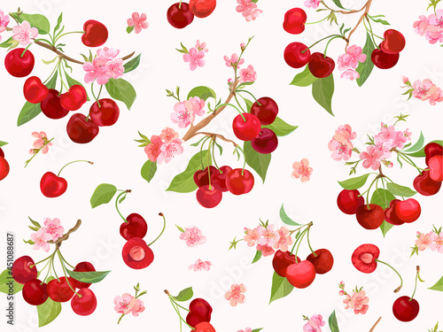 Watercolor cherry seamless pattern. Summer berries, fruits, leaves, flowers background