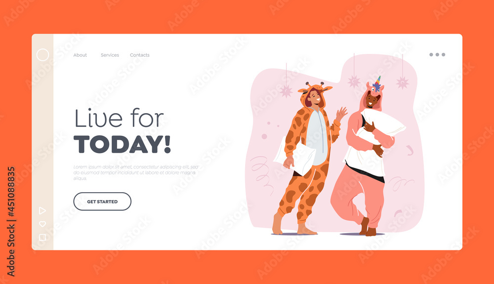 Fototapeta premium People in Kigurumi Pajamas Landing Page Template. Young Man and Woman Wearing Animal Costumes Unicorn and Giraffe
