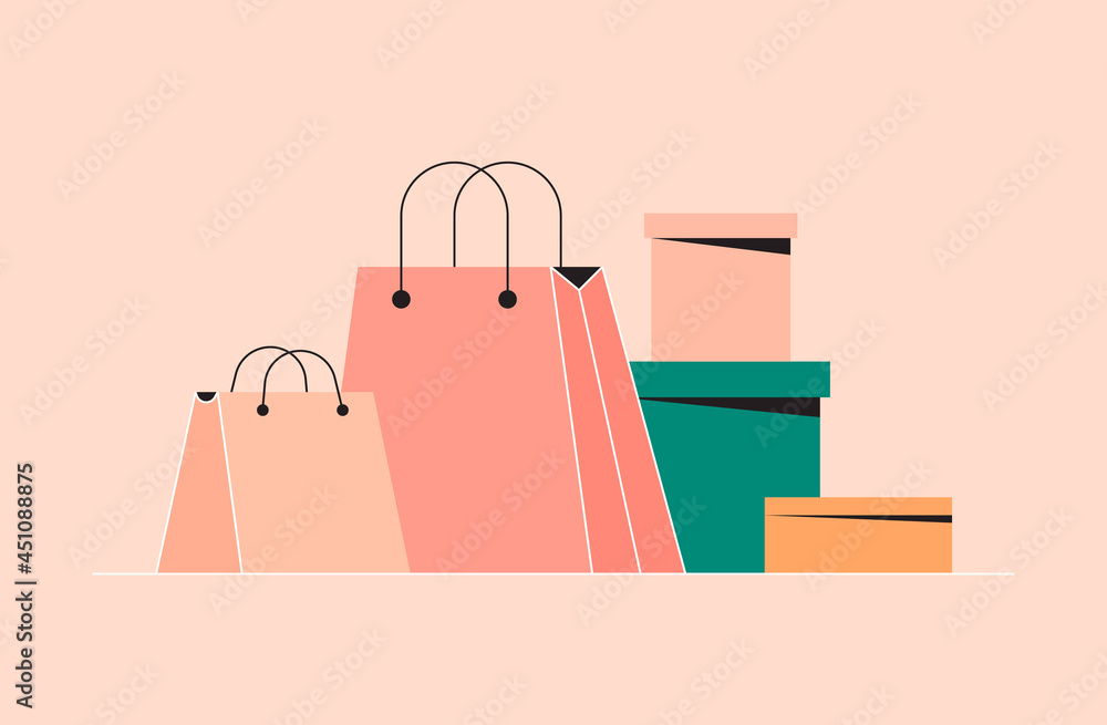 Set of shopping bags and boxes. Paper packaging for products. Sale