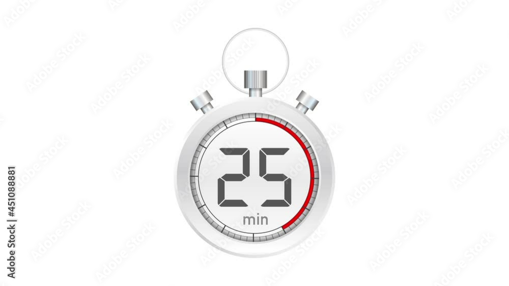 The 25 minutes, stopwatch icon. Stopwatch icon in flat style. Motion graphics. The 25 minutes, stopwatch icon. Stopwatch icon in flat style. Motion graphics.