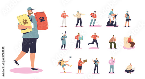 Set of cartoon young man carry pet food bags in different lifestyle situations and poses