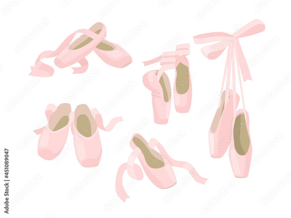 Set of Pointe Ballet Shoes, Pink Slippers with Ribbons Isolated on White Background. Ballerina Footgear for Dancing