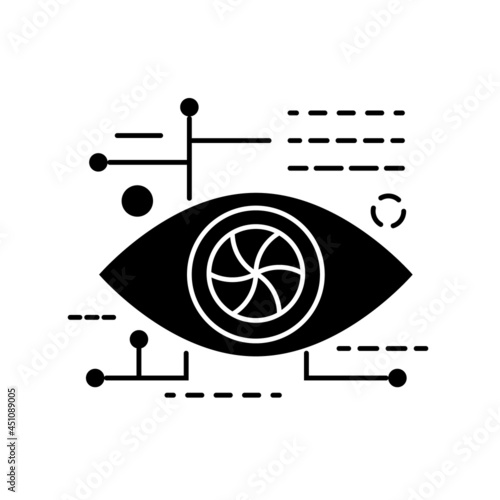 Cyberpunk eye glyph icon. Future with robot technology. Bio-robot gadgets. Human high tech implants