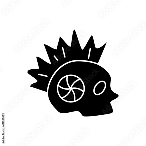 Cyberpunk skull with iroquois glyph icon. Futuristic robot with mohawk. Exoskeleton and high tech technology