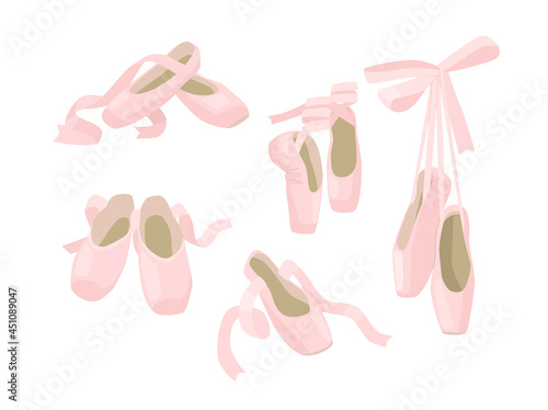Set of Pointe Ballet Shoes, Pink Slippers with Ribbons Isolated on White Background. Ballerina Footgear for Dancing