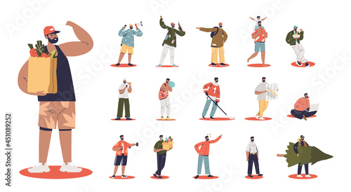 Set of cartoon young man hold shopping bags with vegetables in different situations and poses