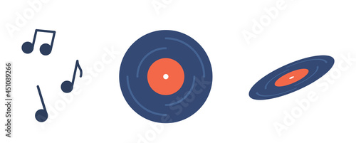 Retro Music Vinyl Record Top and Side View, Musical Notes. Blue Audio Disc with Red Label for Vintage Gramophone Player