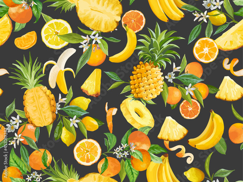 Watercolor pineapple, banana, lemon, mandarin, orange seamless pattern. Summer tropic fruits, leaves