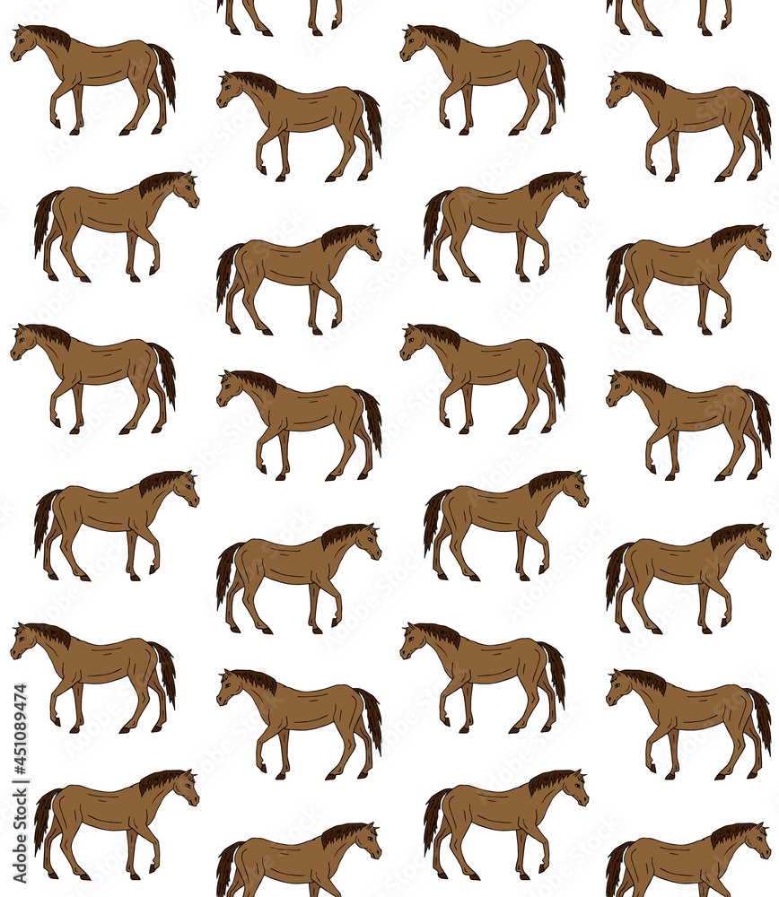 Vector seamless pattern of hand drawn doodle sketch colored horse isolated on white background