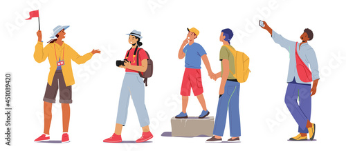 Set Tourists Group Excursion. Young People with Backpacks and Photo Cameras Traveling. Male and Female Characters, Guide