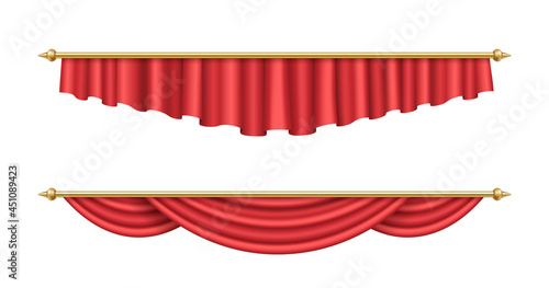 Set of realistic red curtains hanging. Luxury scarlet velvet curtains and draperies for interior