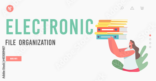 Electronic Files Organization Landing Page Template. Female Business Character with Folders and Paper Docs. Data Storage