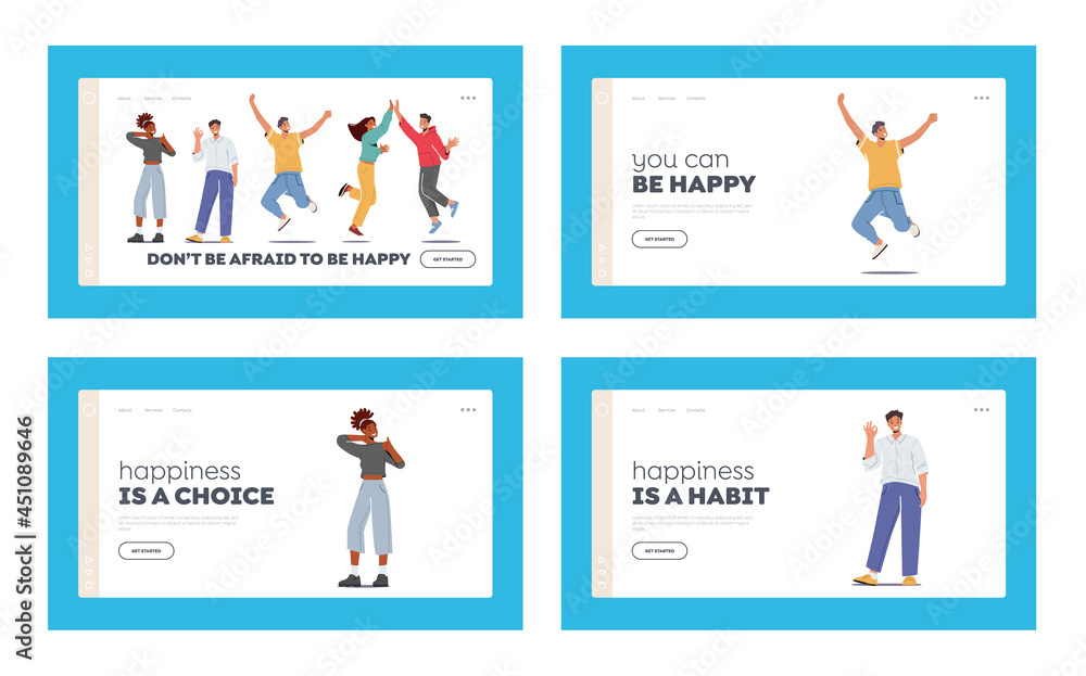 People Feel Positive Emotions Landing Page Template Set. Male Female Characters Give Highfive, Show Ok Gesture, Jump