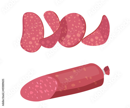 Salami or Pepperoni Smoked Sausage, Premium Meat Products Half and Sliced Kielbasa. Delicatessen Production, Meal