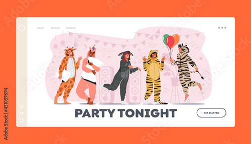 Kigurumi Pajama Party Landing Page Template. Young People in Animal Costumes Unicorn, Donkey, Zebra, Giraffe and Tiger