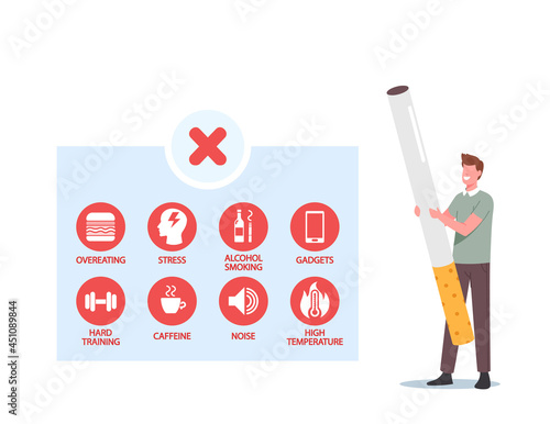 Tiny Male Character with Huge Cigarette and Infographics Overeating, Alcohol, Smoking, Gadget, Hard Training, Caffeine