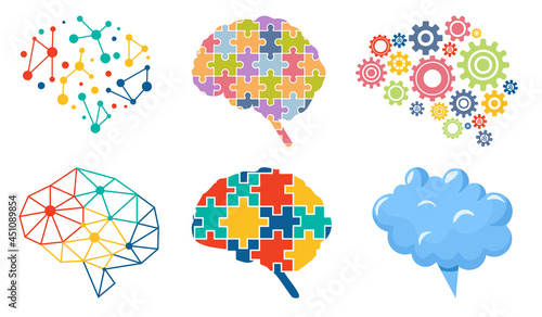 Set of Icons Colorful Brain, Polygonal Shapes, Puzzle Pieces, Cogwheels, Cloud or Speech Bubble, Neural Connections