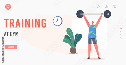 Training at Gym Landing Page Template. Man Workout with Barbell. Sportsman Powerlifter Character Exercising with Weight