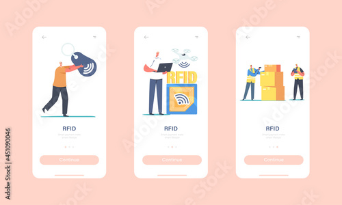 Rfid Mobile App Page Onboard Screen Template. Tiny Characters Use Delivery Tracking Electromagnetic Track on Cargo