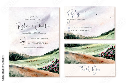 wedding invitation set with hill landscape watercolor background