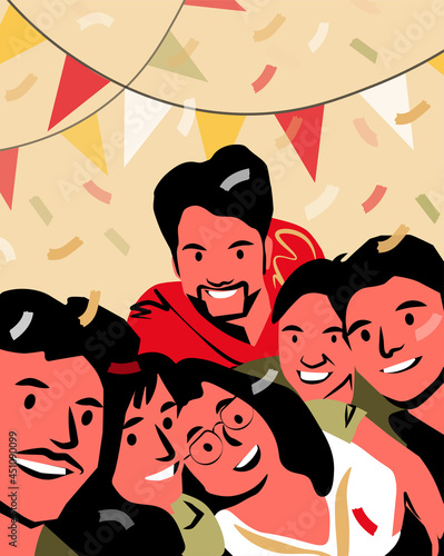 Happy group of people is standing together and taking selfie. Team of colleagues, students, happy men and women. Multinational society. Friendship, teamwork and cooperation. Vector flat illustration.