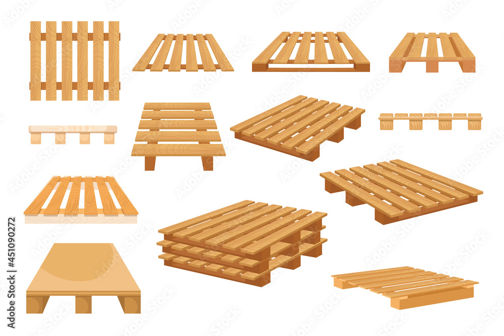 Set of Icons Wooden Pallets Isolated on White Background. Wood Palettes for Stacking Freight from Different Sides - obrazy, fototapety, plakaty 