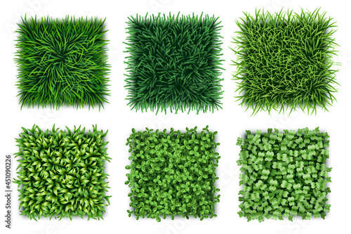 Green grass backgrounds set. Realistic fresh lawn textures collection. Seamless turf pattern