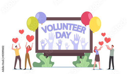 Volunteering Support Services, Charity Concept. Volunteers Male Female Characters Celebrate International Volunteer Day