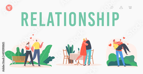 Relationship Landing Page Template. Couples in Love, Togetherness. Man and Woman Walking Holding Hands