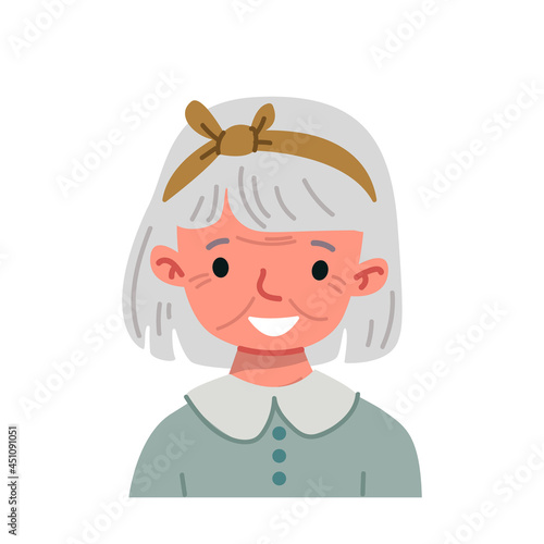 Cartoon gray-haired old woman avatar with short hair. Funny old character avatar on a white background. Vector woman stylized with white collar