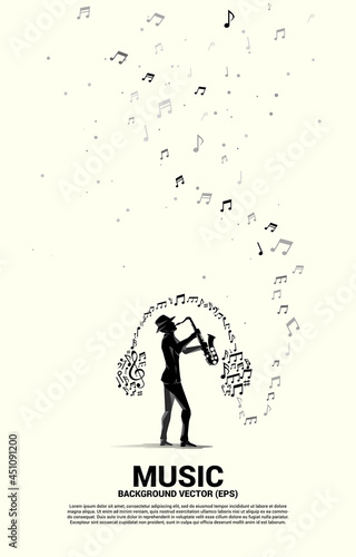 Vector silhouette of saxophonist with music melody note dancing flow with headphone.Concept background for jazz music concert and recreation.