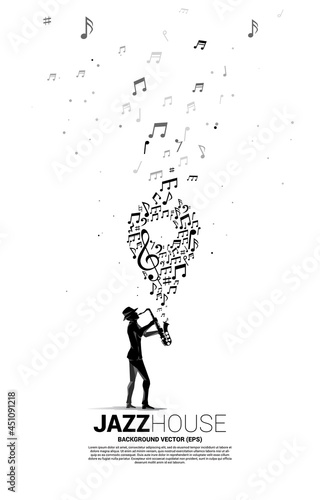 Vector silhouette of saxophonist with music melody note dancing flow with pin icon.concept background for music festival and concert venue.
