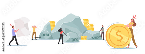 Taxation Heavy Burden, Loan Payment Concept. Tired Business Characters Carry Huge Stones, Paper Form and Coin. Bank Debt