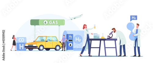 Characters Refueling Car with Hydrogen Fuel on Station. Man Pumping Petrol or Gas for Charging Auto. Vehicle Filling
