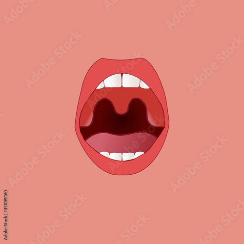 vector healthy human tonsils close up front view, tonsils, lips, teeth and throat on peach rose background. anatomy biology medicine medical concept. tonsils illustration vector isolated.