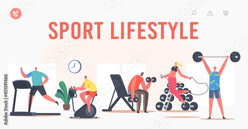 Sport Lifestyle Landing Page Template. People Training in Gym. Sportsmen and Sportswomen Characters Run on Treadmill