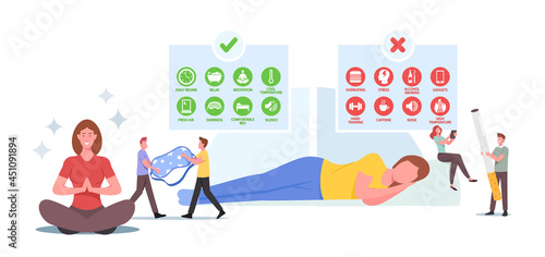 Healthy Sleep Concept. Characters with Tips Infographics for Good or Bad Sleeping. Relaxed Woman in Bedroom Sleeping