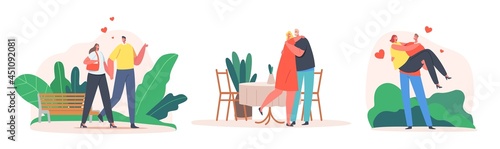 Set Couples in Love Theme. Loving Relations, Togetherness. Man and Woman Walking Holding Hands, Boyfriend Carry Girl