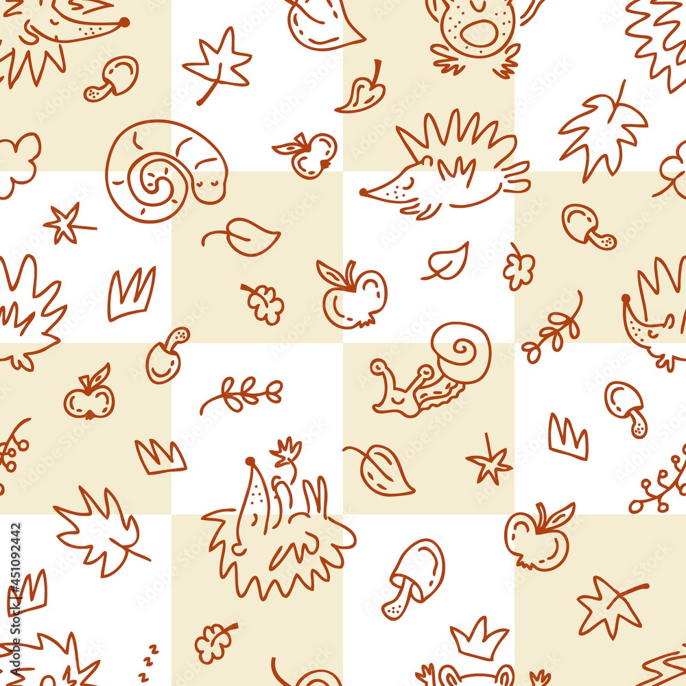 Fototapeta premium Seamless pattern of hedgehogs and autumn elements doodles on a checkered background. Perfect for fabric, scrapbooking, textile and prints. Sketch style vector illustration for decor and design. 