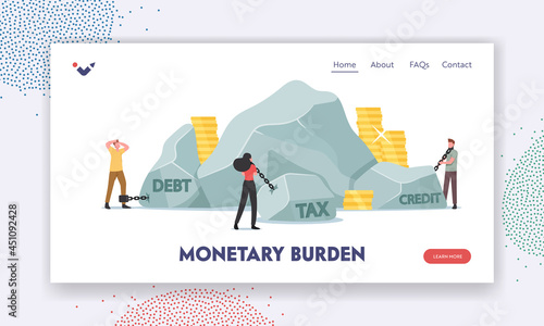 Taxation Monetary Burden, Tax Loan Landing Page Template. Business Characters Pull Huge Stones with Golden Coins around