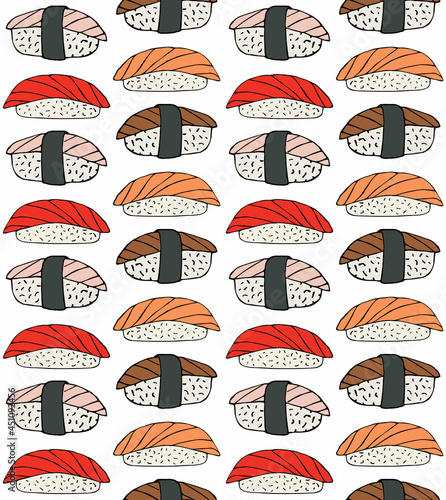 Vector seamless pattern of hand drawn doodle sketch sushi roll isolated on white background